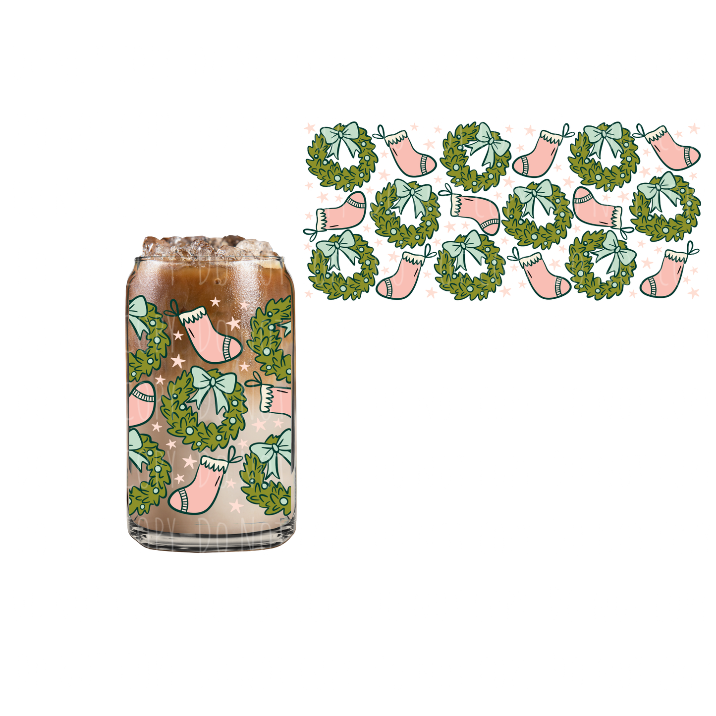 Wreaths + Pink Stocking (DOUBLE SIDED) UVDTF 16oz cup wrap