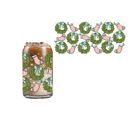 Wreaths + Pink Stocking (DOUBLE SIDED) UVDTF 16oz cup wrap