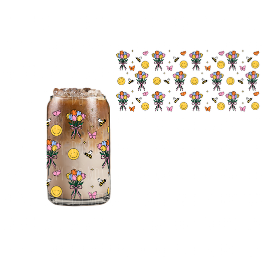 Happy Face + Bouquets (DOUBLE SIDED) UVDTF 16oz cup wrap