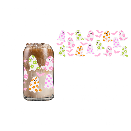 Retro Flower Ghosts + Pink Bats (DOUBLE SIDED) UVDTF 16oz cup wrap