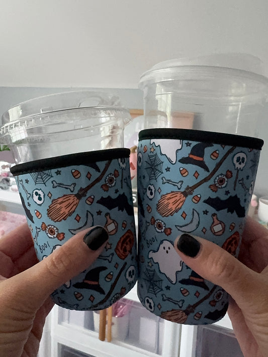 Teal Halloween Doodles Coffee Sleeves