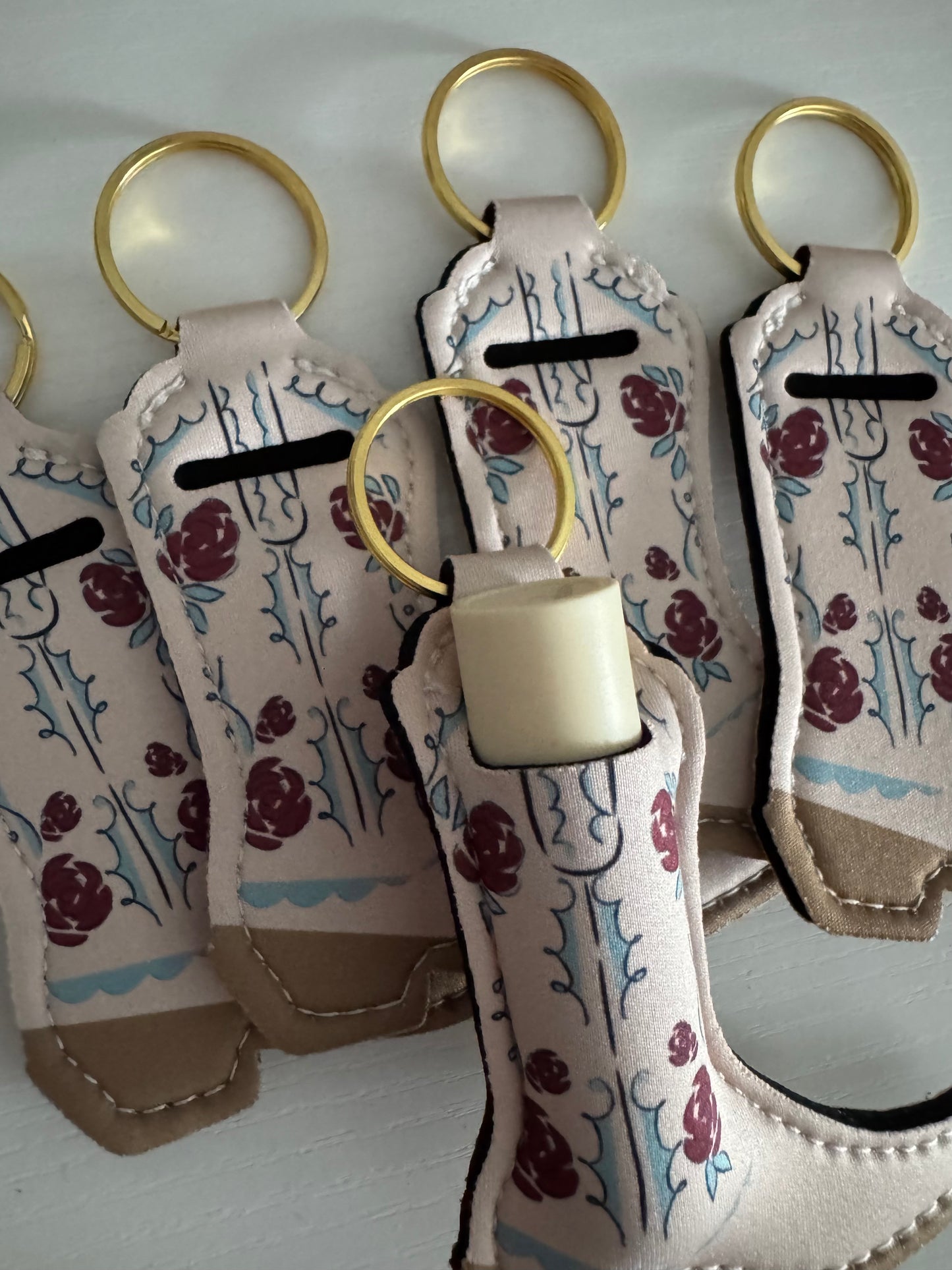 Ivory with Maroon Flowers Boot Chapstick Holder Keychains (Pack of 5)
