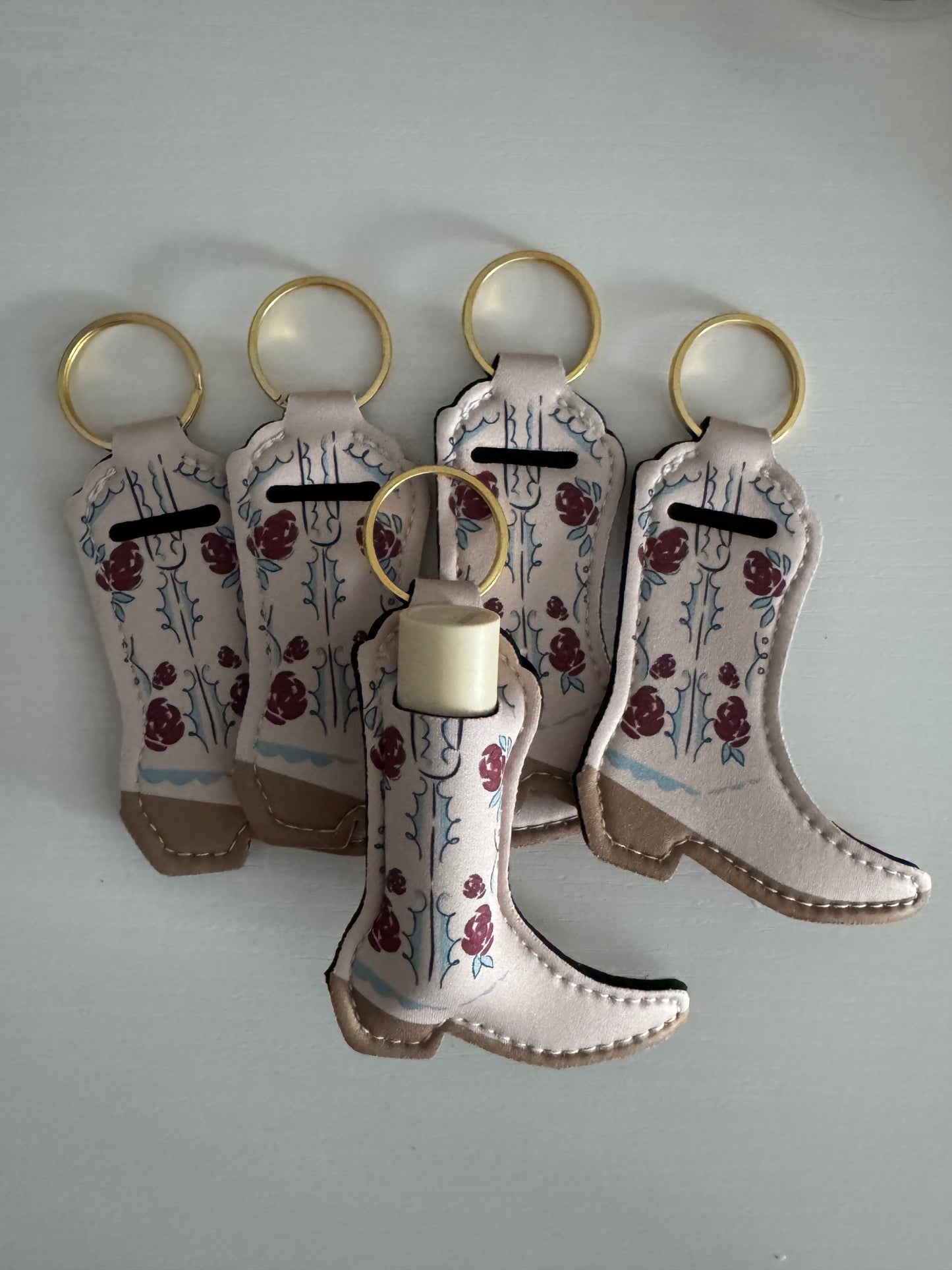 Ivory with Maroon Flowers Boot Chapstick Holder Keychains (Pack of 5)