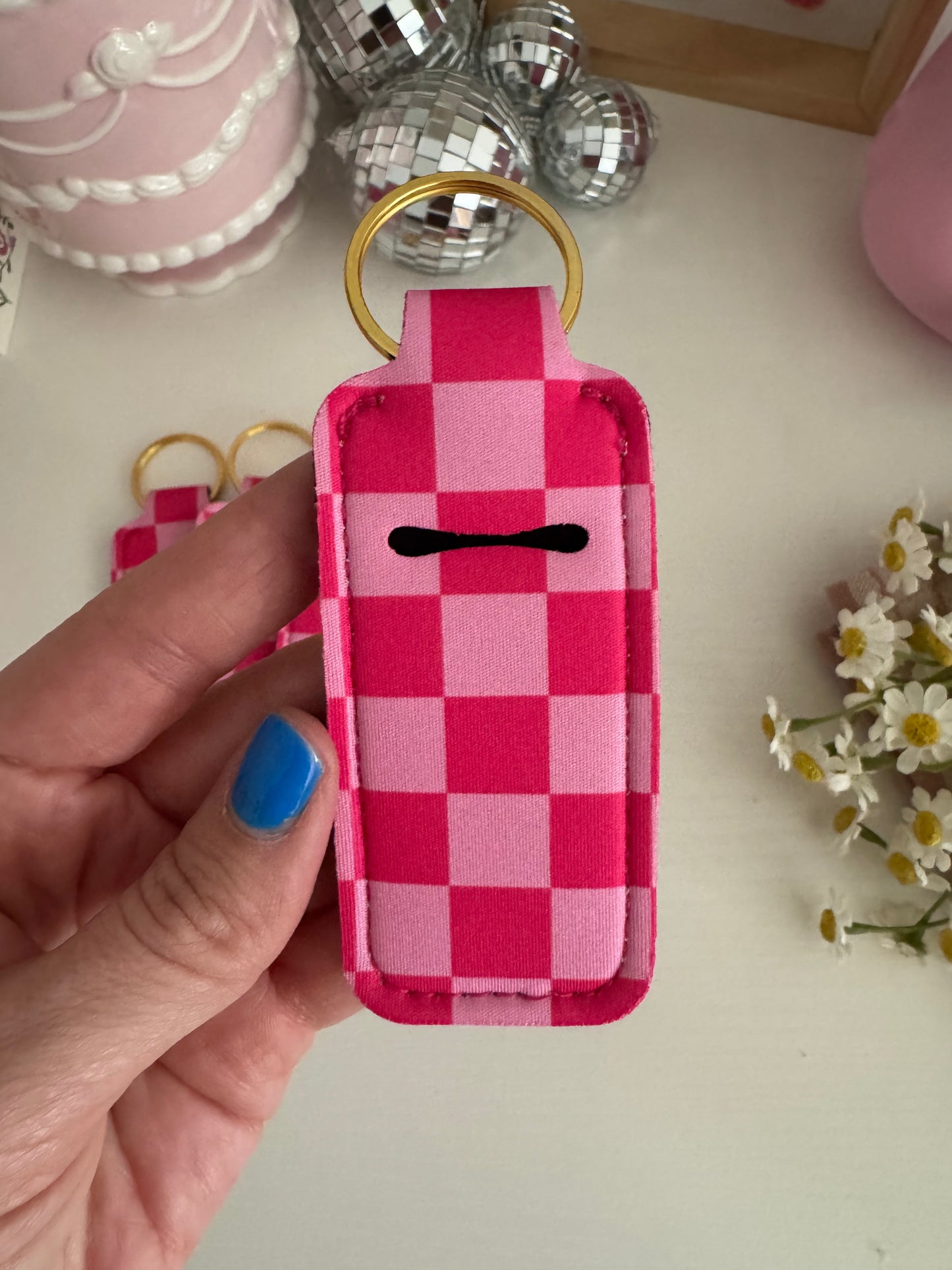 Pink Checkered Chapstick Holder Keychains (Pack of 5)