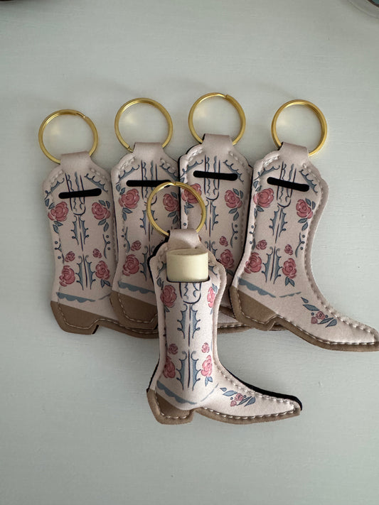 Ivory With Pink Flowers Boot Chapstick Holder Keychains (Pack of 5)