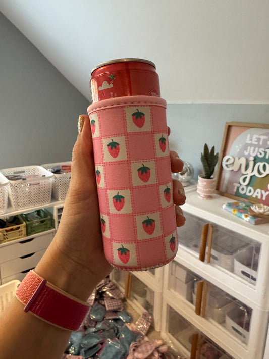 Pink Strawberry Checkered Tall Can Sleeves