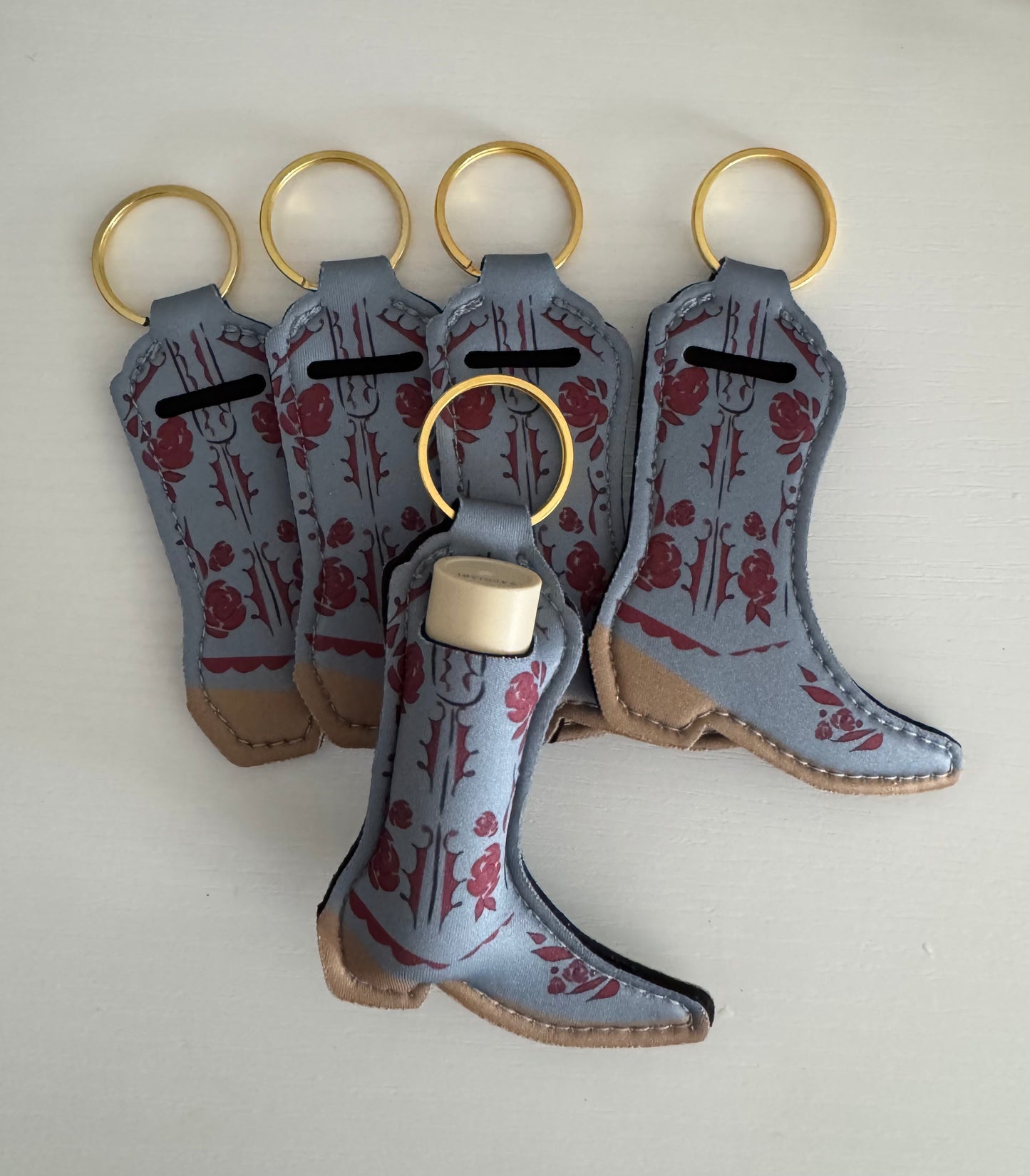 Light Blue Flowers Boot Chapstick Holder Keychains (Pack of 5)